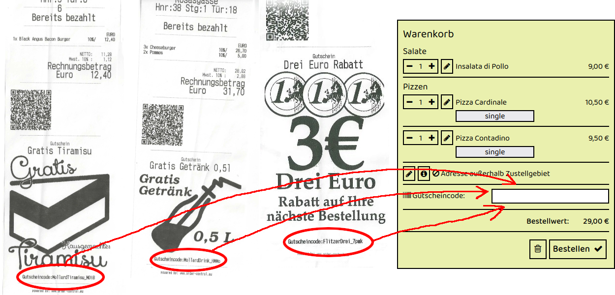 Beispiel für Gutscheincodes auf Rechnungszetteln von Cool Pizza und Kebap in Wiener Neustadt Kleegasse 2 – drei Rechnungen mit individuellen Gutscheincodes, die im Online-Warenkorb des Restaurants eingegeben werden können.