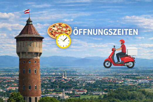 Wasserturm Wiener Neustadt mit Pizza und Zustellmoped sowie Hinweis auf Öffnungszeiten von Cool Pizza
