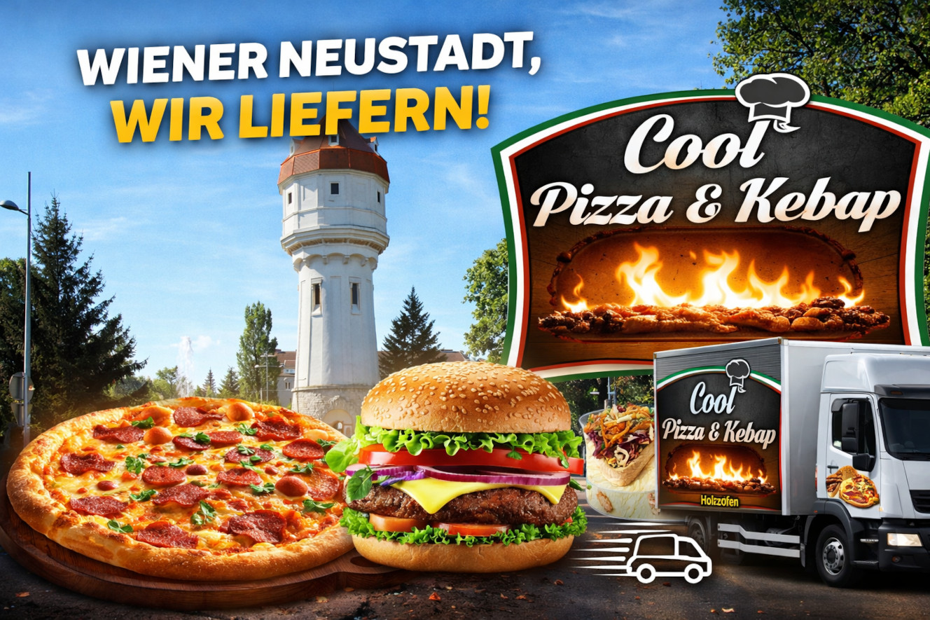 Wasserturm Wiener Neustadt mit Pizza, Burger und Kebap sowie Hinweis auf Lieferservice von Cool Pizza im Zustellgebiet