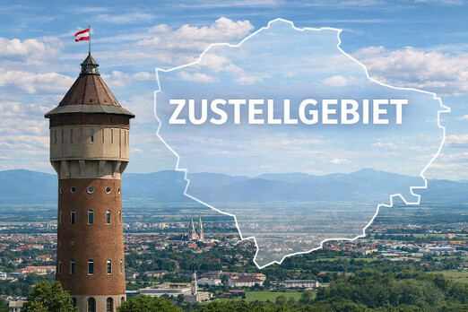 Wiener Neustadt Wasserturm mit Pizza und Zustellmoped als Symbol für Zustellgebiet in Wiener Neustadt und Umgebung